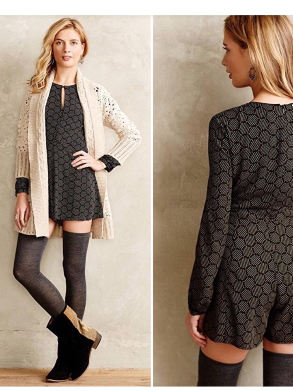 Anthropologie Harlyn Honeycomb Print Long-Sleeve Romper in Black & Cream